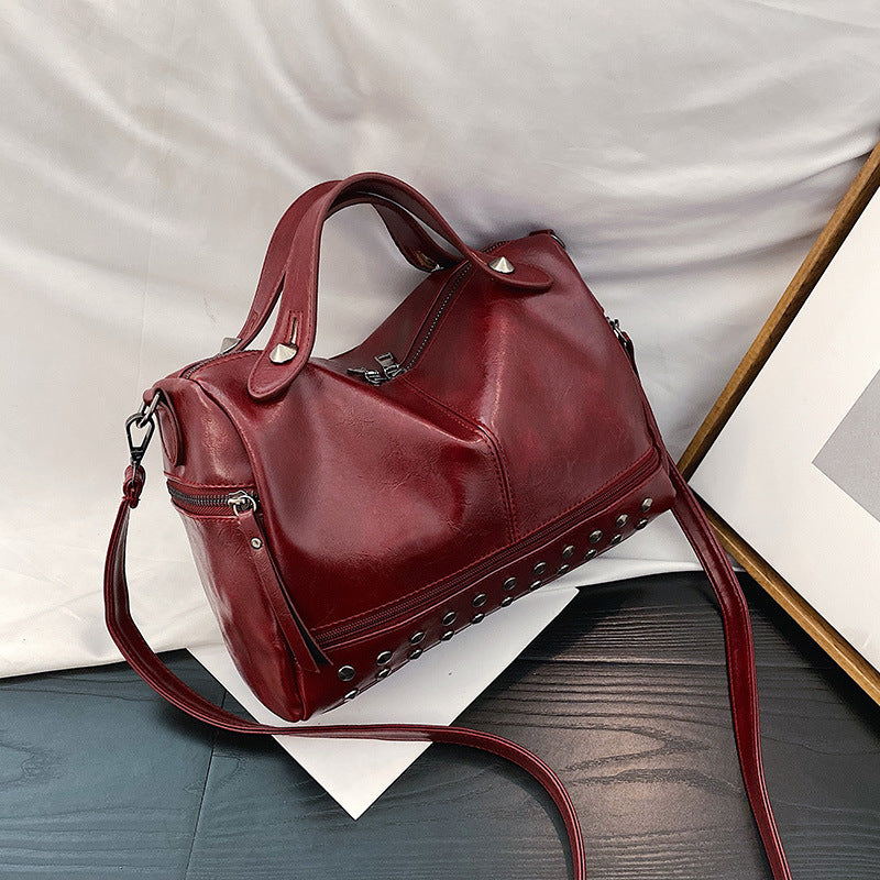 Oil Leather Handbag Shoulder Bag Personality Rivet Crossbody