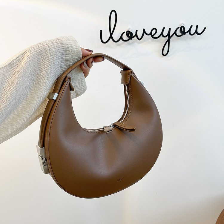 New Women's One-shoulder PU Zipper Hand-held Crescent handBag