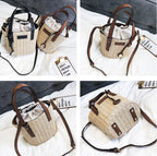new summer women's bag hand-woven contrast color bucket straw bag cylinder handbag diagonal beach bag