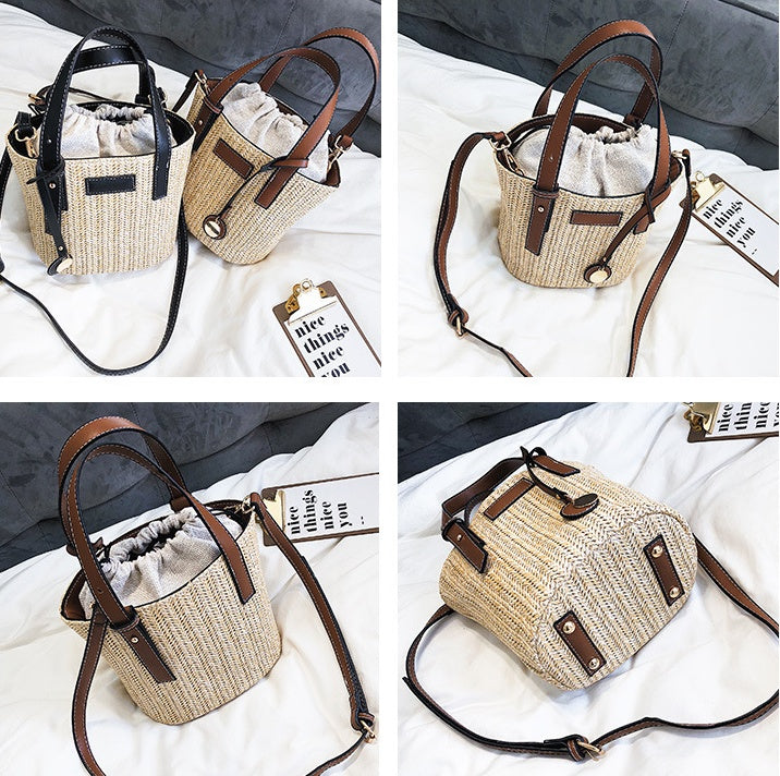 new summer women's bag hand-woven contrast color bucket straw bag cylinder handbag diagonal beach bag