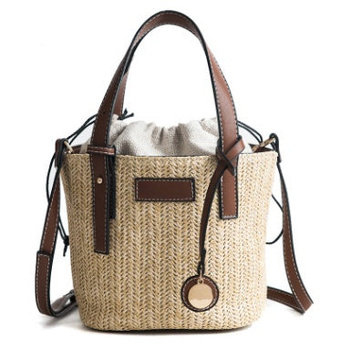 new summer women's bag hand-woven contrast color bucket straw bag cylinder handbag diagonal beach bag