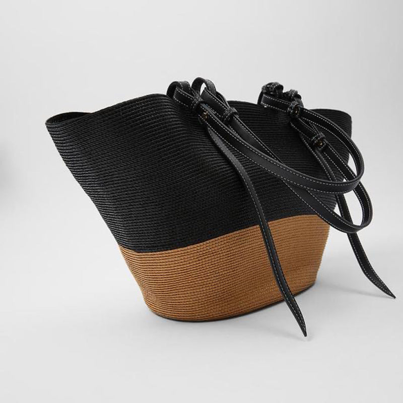 New Straw Color-blocking Basket Large Capacity Handwoven Bag