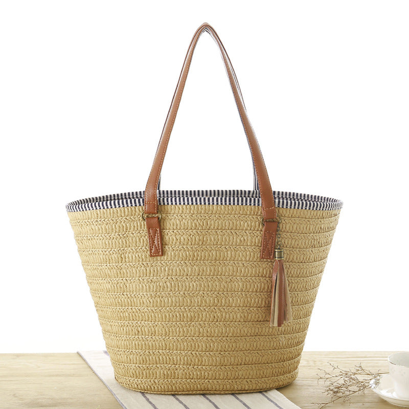 Simple One-shoulder Woven Tassel Pendant Beach Bag
