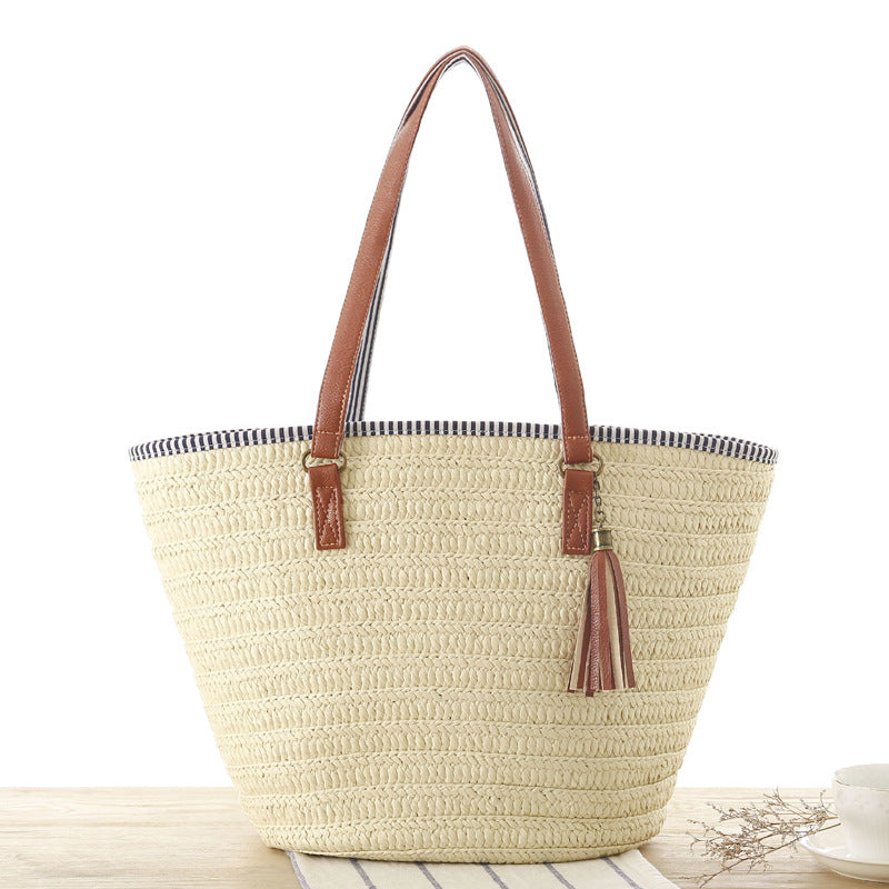 Simple One-shoulder Woven Tassel Pendant Beach Bag