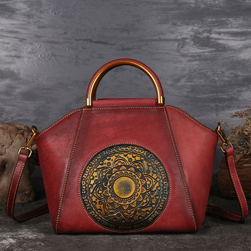 Handbag Female Totem Pressure Flower Leather Women'S Bag Head Layer Cowhide