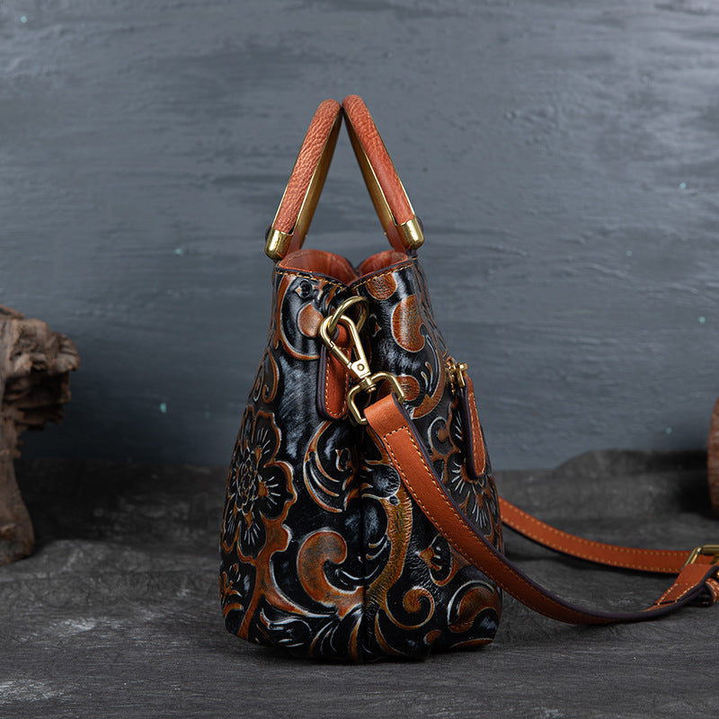 Retro Embossed Handbag Female Temperament First Layer Cowhide One-Shoulder Messenger Bag