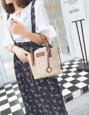 new summer women's bag hand-woven contrast color bucket straw bag cylinder handbag diagonal beach bag