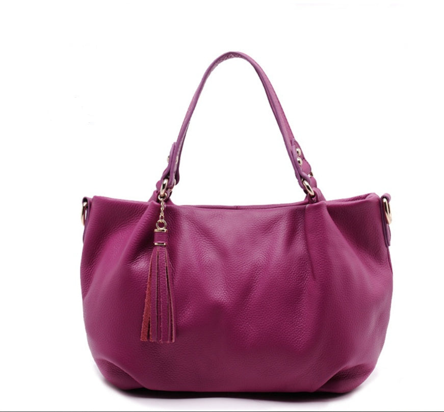 Women's portable diagonal cross-body sling bucket top layer cowhide leather handbag