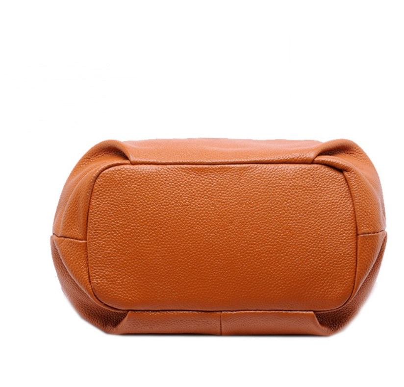 Women's portable diagonal cross-body sling bucket top layer cowhide leather handbag