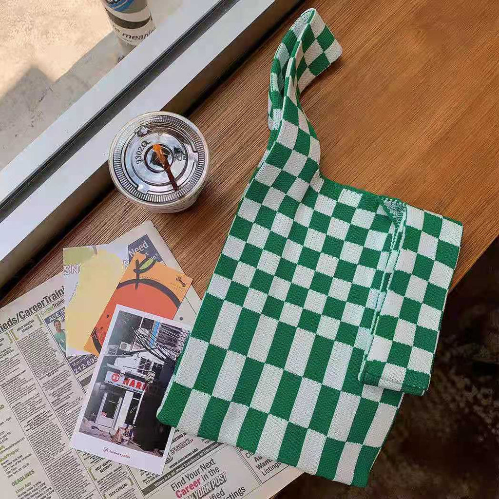 Color Stripe Checkerboard Knitted Shopping Bag Handbag