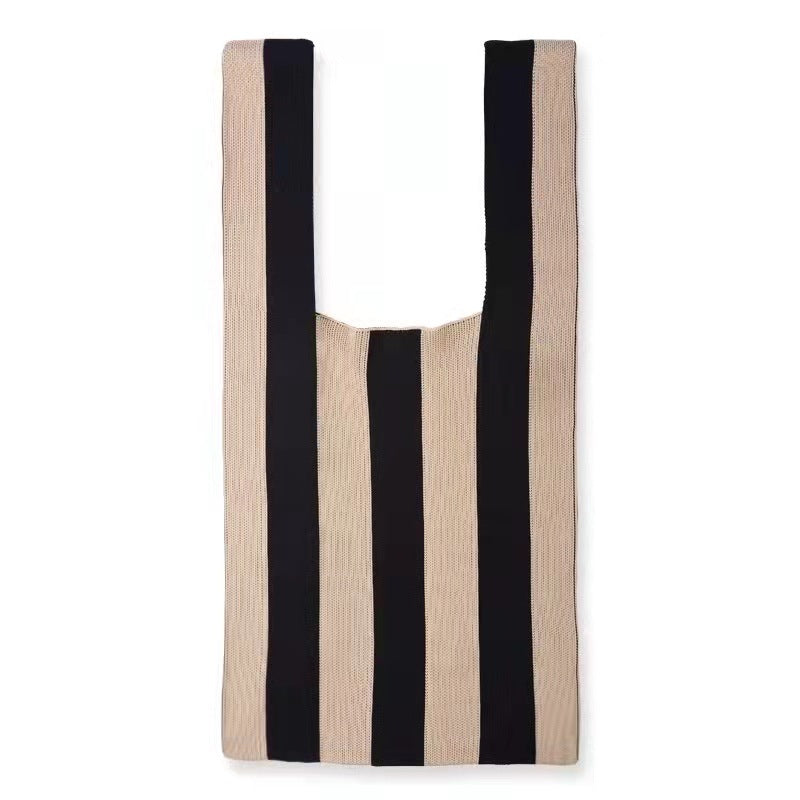 Color Stripe Checkerboard Knitted Shopping Bag Handbag