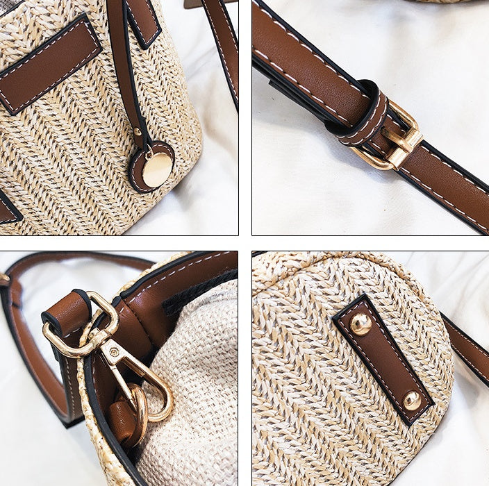 new summer women's bag hand-woven contrast color bucket straw bag cylinder handbag diagonal beach bag