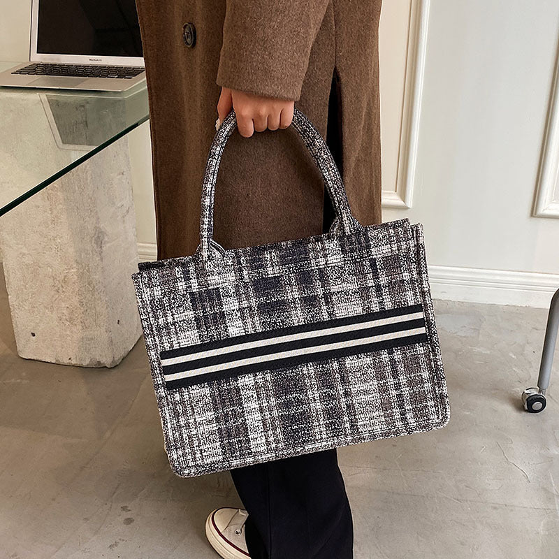 Stylish Canvas Check One Shoulder Tote handBag