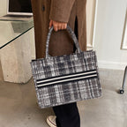Stylish Canvas Check One Shoulder Tote handBag