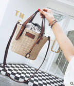 new summer women's bag hand-woven contrast color bucket straw bag cylinder handbag diagonal beach bag