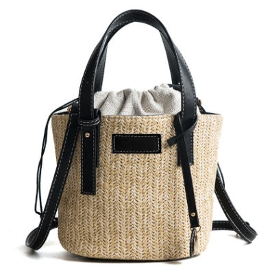 new summer women's bag hand-woven contrast color bucket straw bag cylinder handbag diagonal beach bag