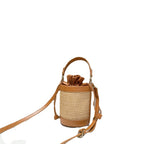 New Contrasting Vintage Straw Drawstring Bucket Bag