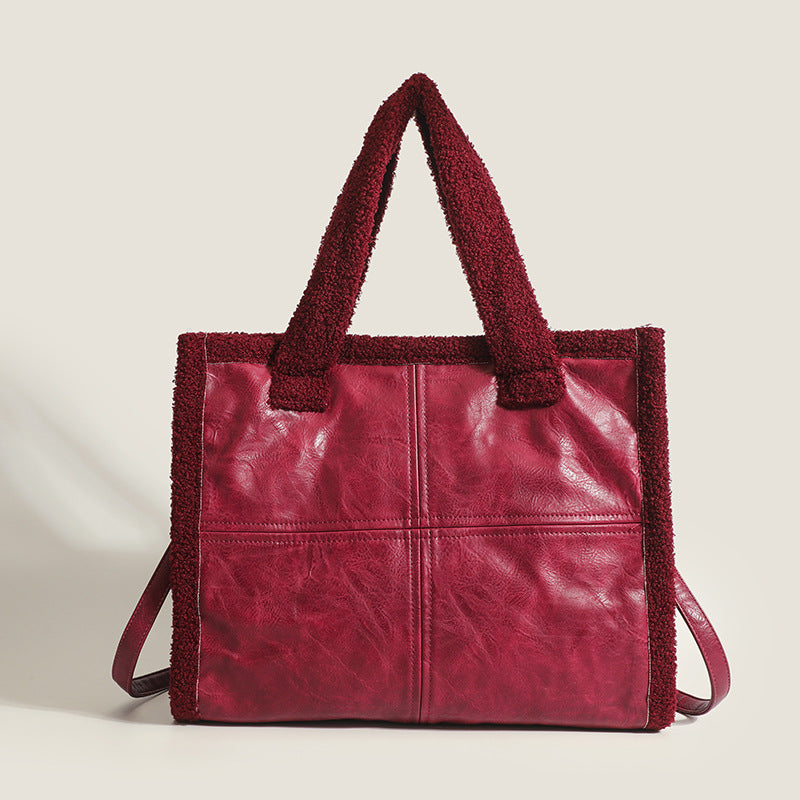 High-capacity Tote Lamb Wool Premium Casual Handheld Splice Wool Bag