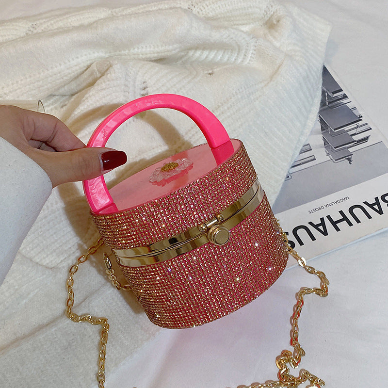 Niche Design Rhinestone Lock Bucket Chain Shoulder Messenger Bag
