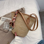 Women's Ins Straw Large Capacity Simple Silk Scarf Rattan shoulder bag
