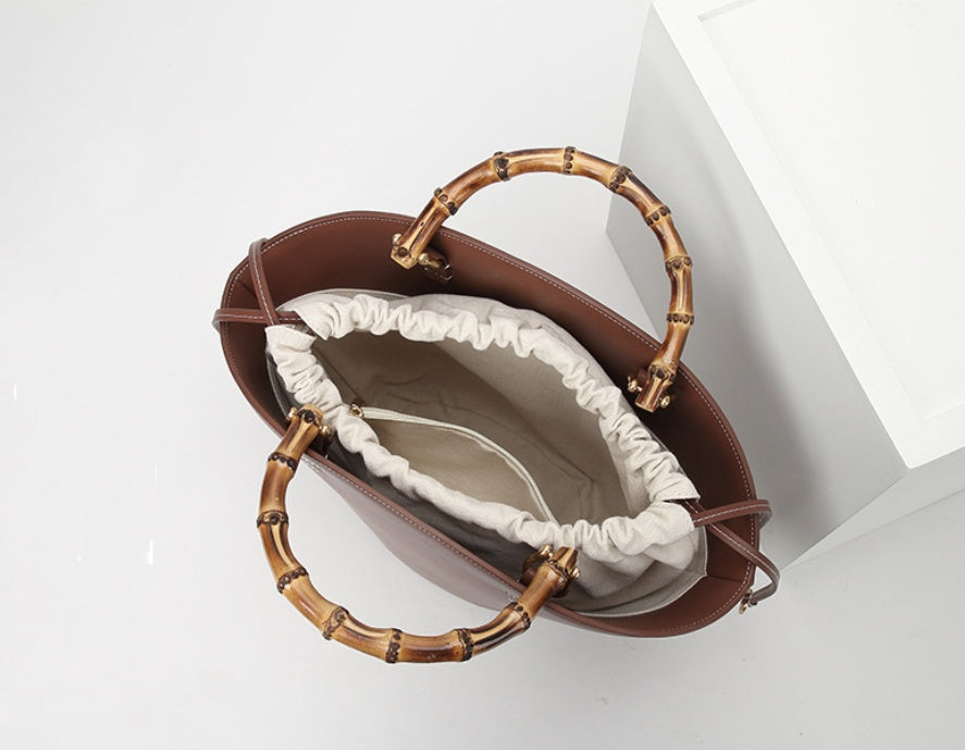Leather Bamboo Portable hand Bag Temperament Versatile