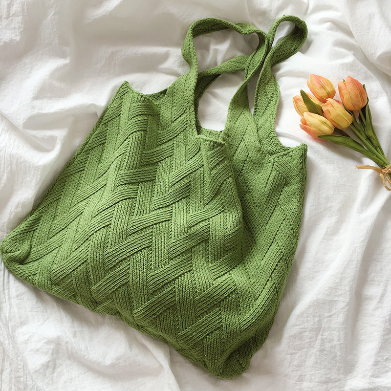 Avocado Green Knit Tote One-Shoulder Sweater shopping Bag