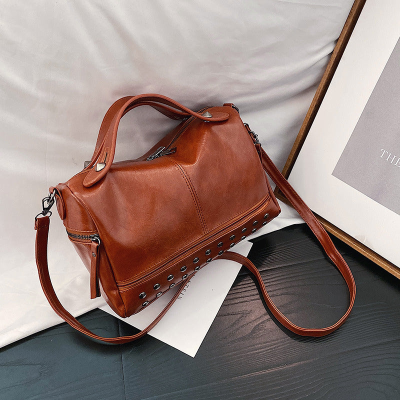 Oil Leather Handbag Shoulder Bag Personality Rivet Crossbody