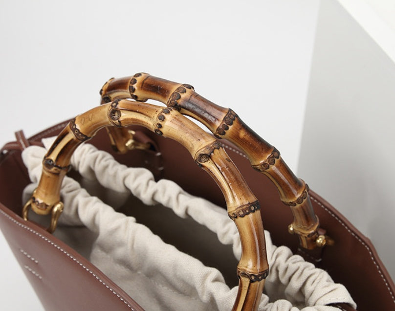 Leather Bamboo Portable hand Bag Temperament Versatile