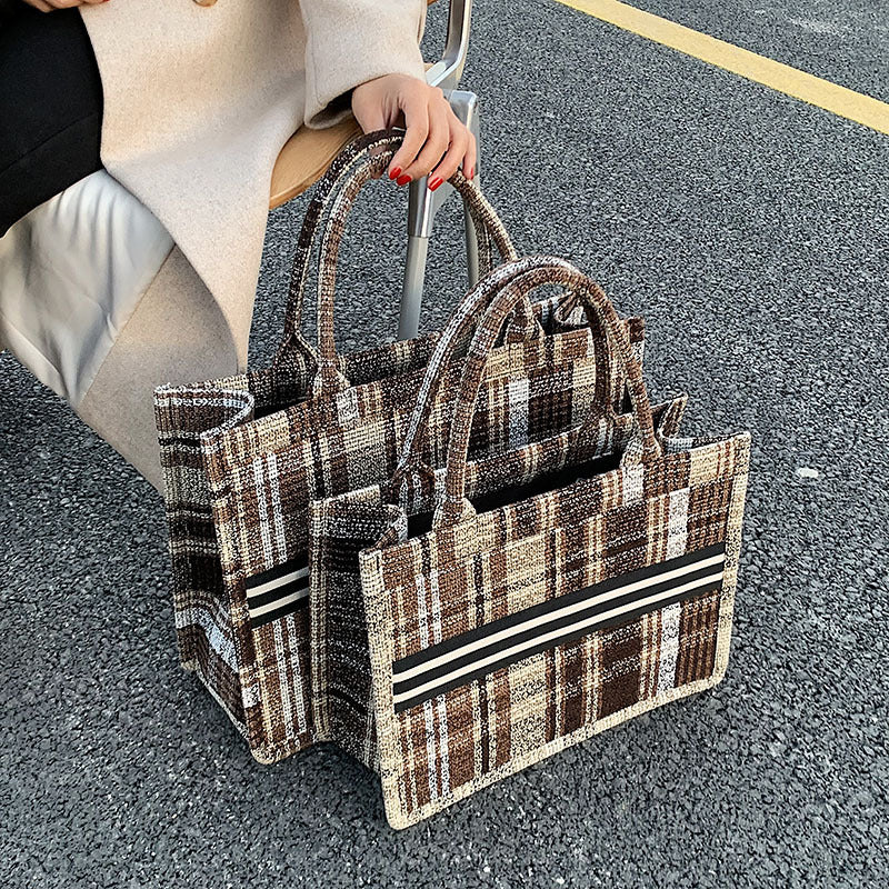 Stylish Canvas Check One Shoulder Tote handBag
