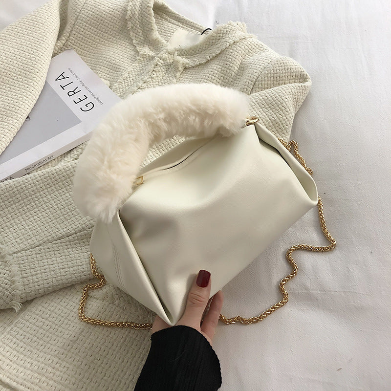 Fashion Solid Color One-shoulder Chain Plush Handbag