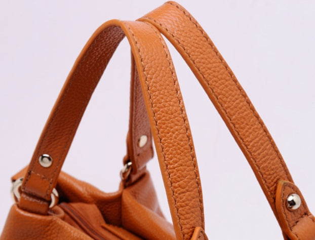Women's portable diagonal cross-body sling bucket top layer cowhide leather handbag