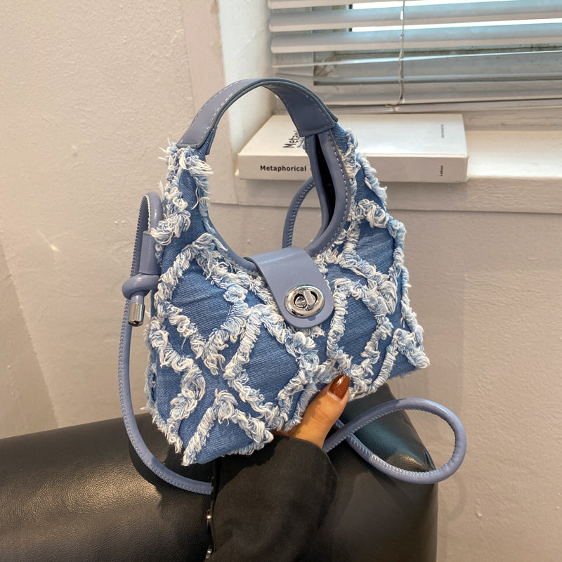 Women's Denim One Shoulder handbag Crescent Bag New Trend Tassel