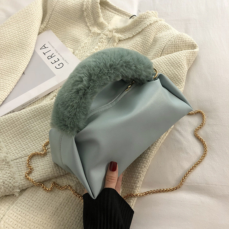 Fashion Solid Color One-shoulder Chain Plush Handbag