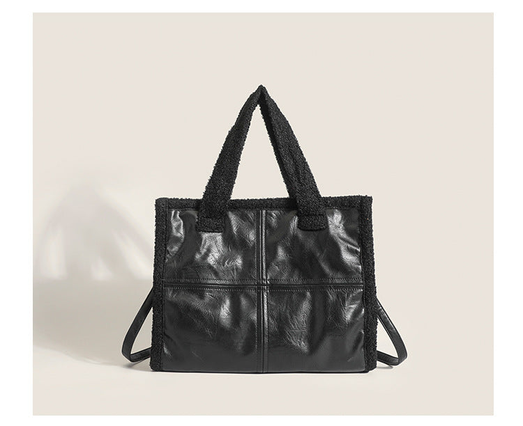 High-capacity Tote Lamb Wool Premium Casual Handheld Splice Wool Bag