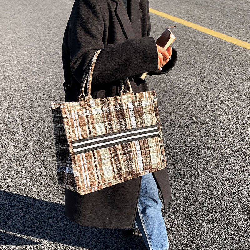 Stylish Canvas Check One Shoulder Tote handBag