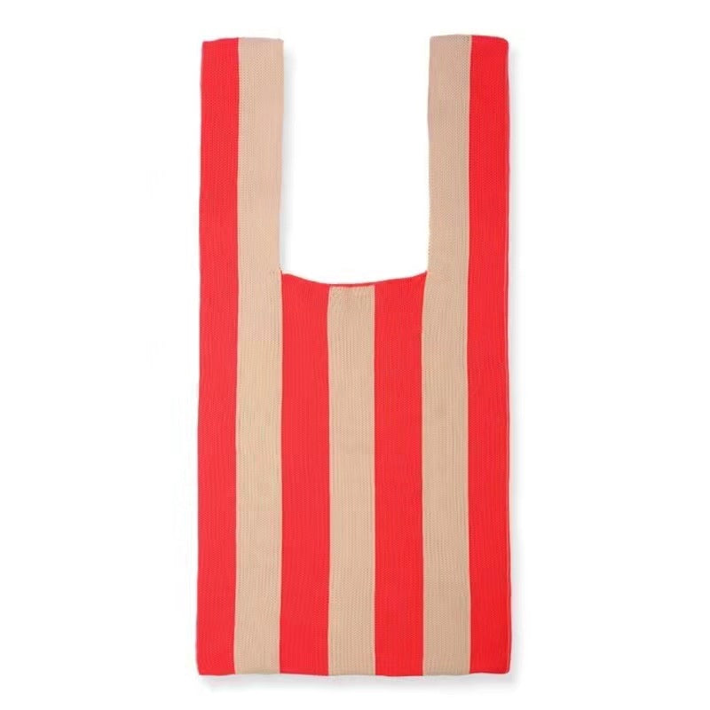 Color Stripe Checkerboard Knitted Shopping Bag Handbag
