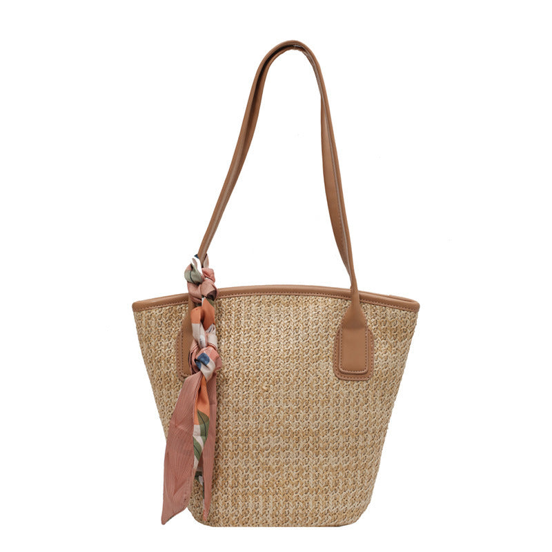 Women's Ins Straw Large Capacity Simple Silk Scarf Rattan shoulder bag