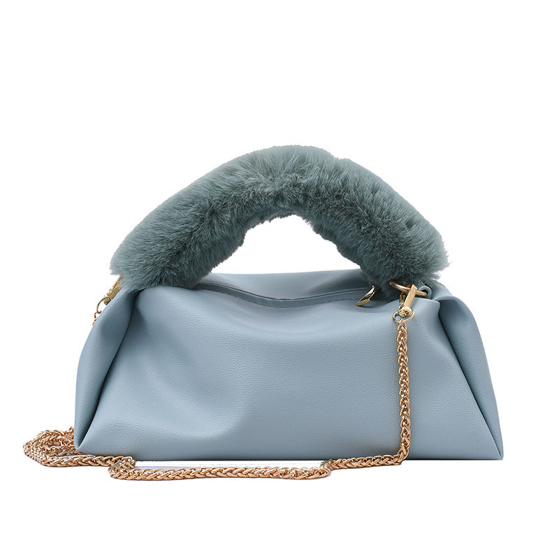 Fashion Solid Color One-shoulder Chain Plush Handbag
