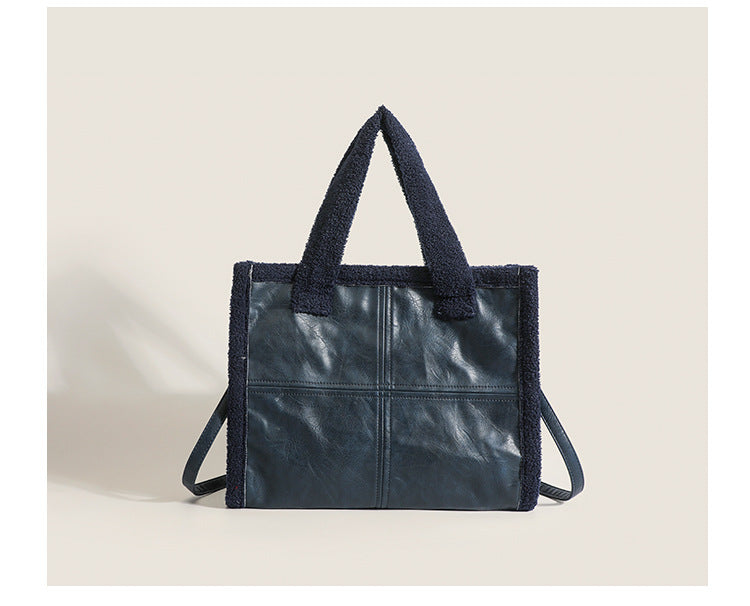 High-capacity Tote Lamb Wool Premium Casual Handheld Splice Wool Bag