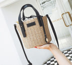 new summer women's bag hand-woven contrast color bucket straw bag cylinder handbag diagonal beach bag