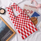 Color Stripe Checkerboard Knitted Shopping Bag Handbag