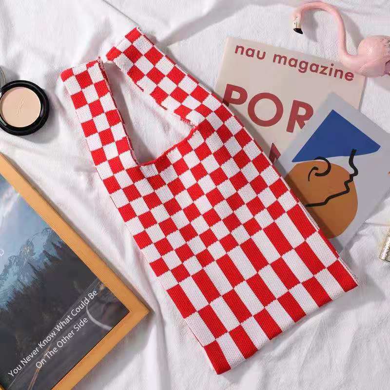 Color Stripe Checkerboard Knitted Shopping Bag Handbag