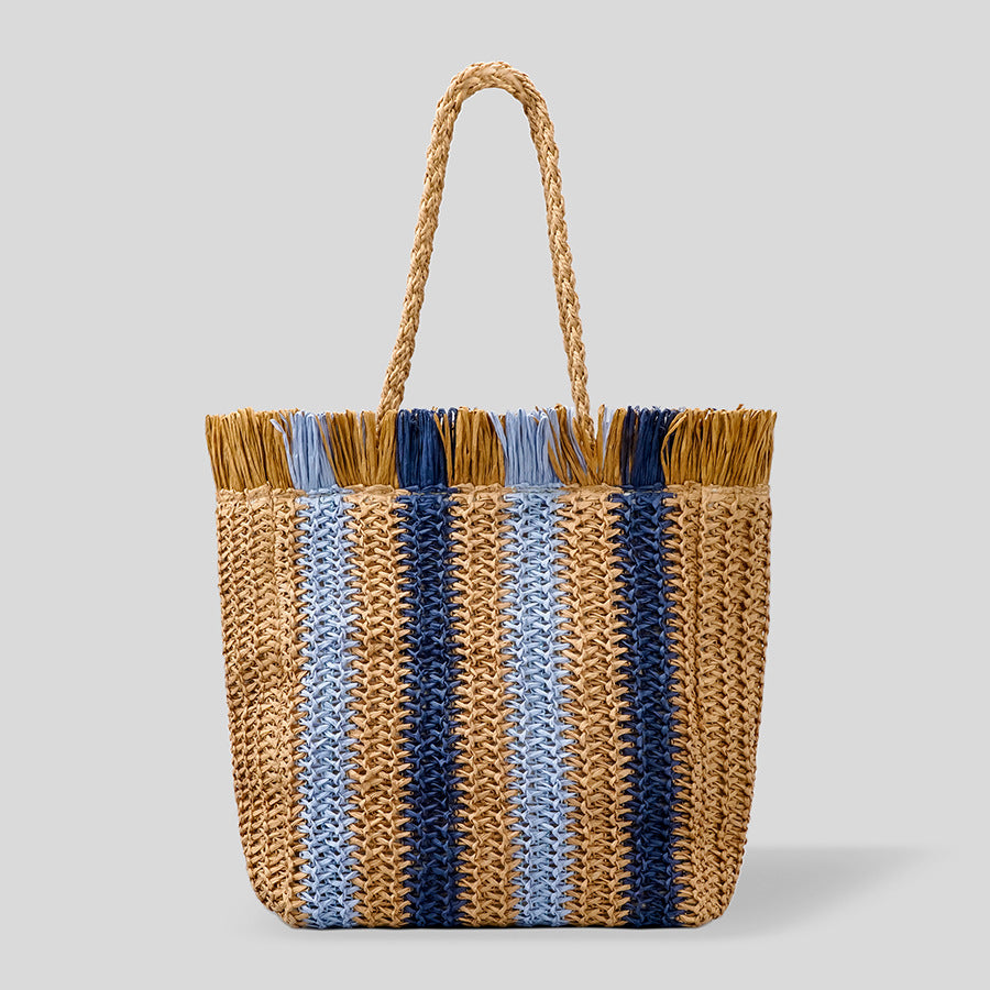Handmade Straw Casual Commuter Tote Striped Fringe shopping Bag