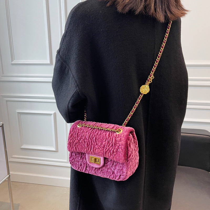 Velvet Camellia Mini Square Fat Chain One Shoulder crossbody Bag