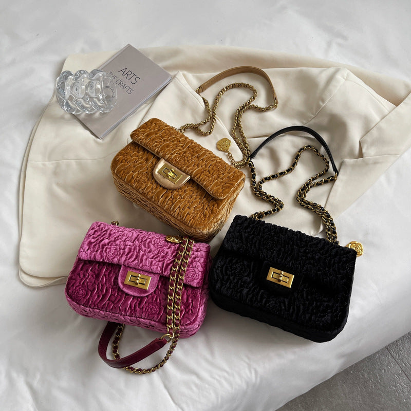 Velvet Camellia Mini Square Fat Chain One Shoulder crossbody Bag