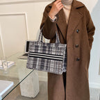 Stylish Canvas Check One Shoulder Tote handBag