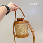 New Contrasting Vintage Straw Drawstring Bucket Bag
