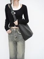 Large Capacity Solid Color Simple Lychee Pattern shoulder Bag