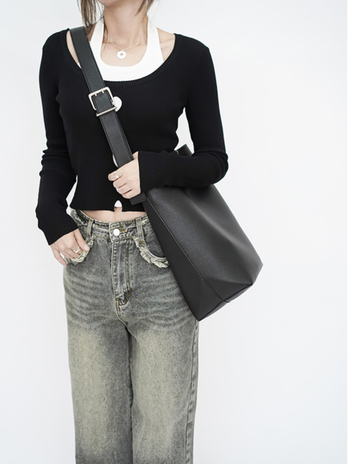 Large Capacity Solid Color Simple Lychee Pattern shoulder Bag
