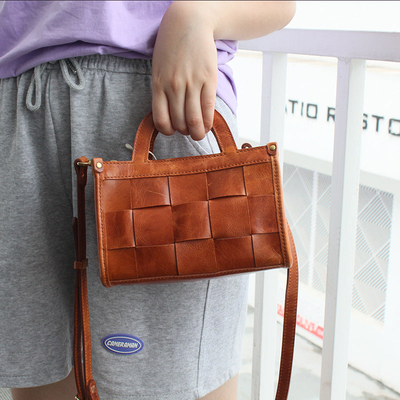 Top Layer Tree Cream Cow Leather Antique Woven Casual Shoulder Bag